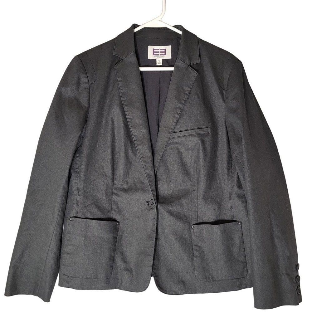 Etcetera Blazer Jacket Womens 12‎ Black Coated Cotton One Button Long Sleeves